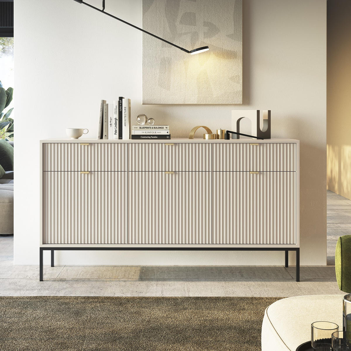 MODERNE Geriffelte Kommode KIOTO K3D3SZ (Kaschmir, Schwarzes Gestell, Soft-Close Türen) - Kaschmir/Goldfarben, Holz/Holzwerkstoff (154/91/39cm) - Ravio