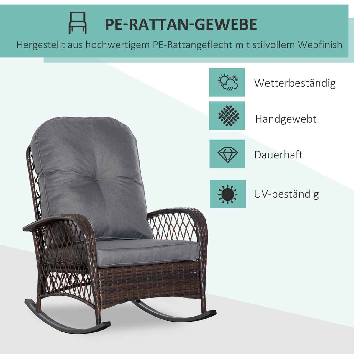 POLY Rattan Schaukelstuhl mit Kissen Braun 75 x 98 x 91 cm - Braun, Kunststoff (98/91/75cm) - Outsunny