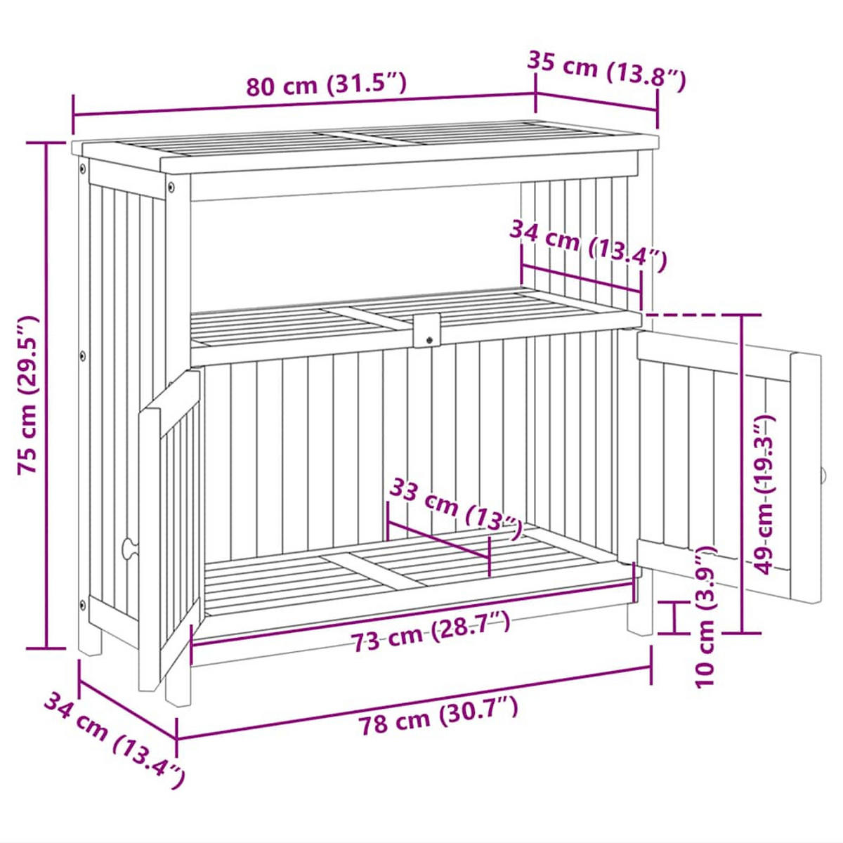 GARTENSCHRANK mit offene Fächer und 2 Türen, 80/35/75 cm, aus Massivholz Akazie - Braun, Holz (80/75/35cm) - vidaXL