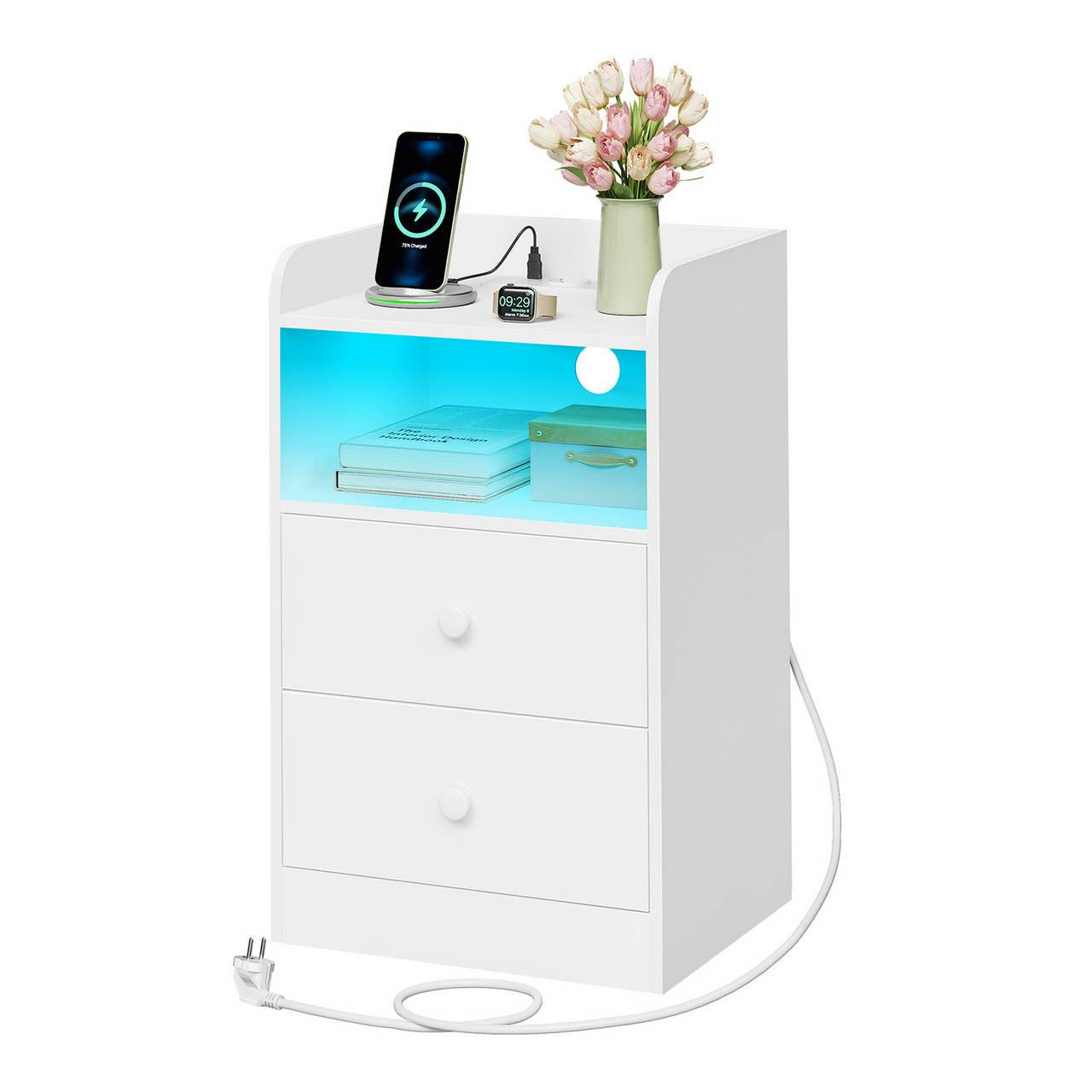 LED Nachttisch Mit Ladestation & RGB-Beleuchtung – 2 Schubladen, USB, Steckdose, Fürs Schlafzimmer