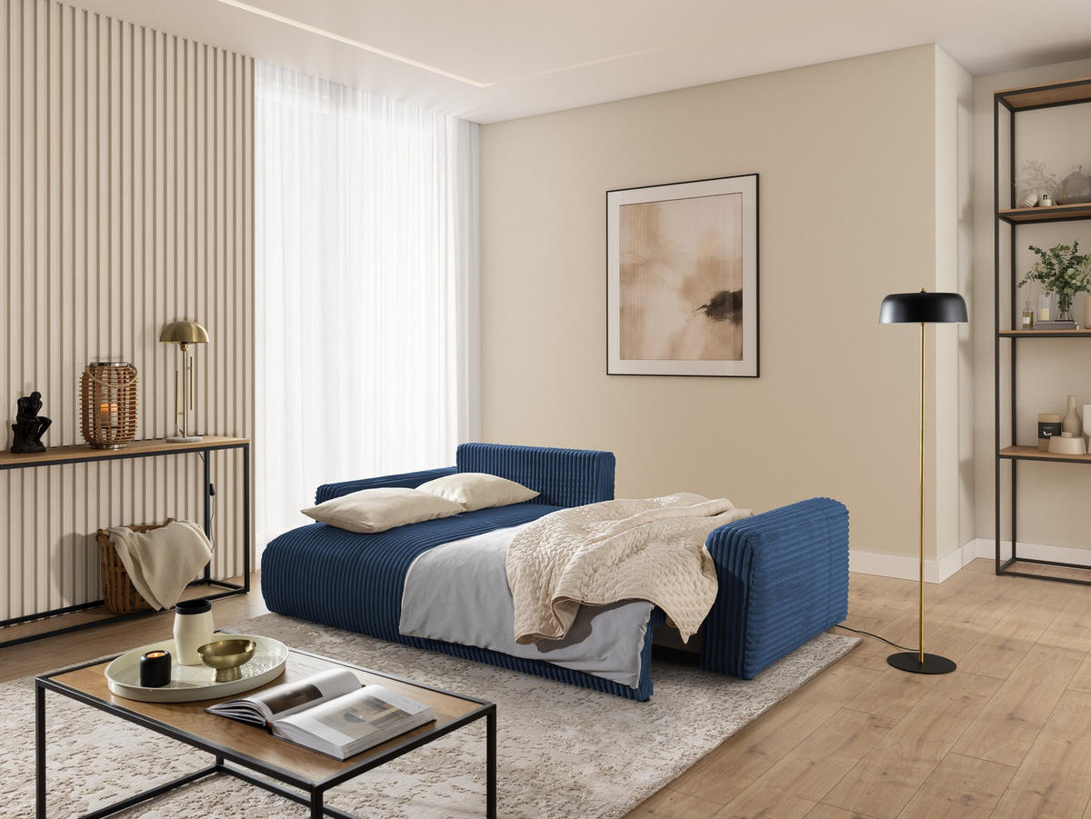 ECKSOFA Calma mit Schlaffunktion und Bettkasten im Bumpy-Design aus weichem Marineblau Plüschcord - Ottomane links - Blau/Schwarz, Holz/Kunststoff (239/140cm) - S-Style