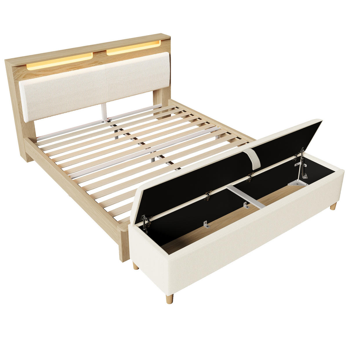 DOPPELBETT 160/200 cm beige/eichefarben aus Cordstoff und Holz mit LED, Stauraum und Bettbank - Beige, Holzwerkstoff (160/200cm) - OKWISH