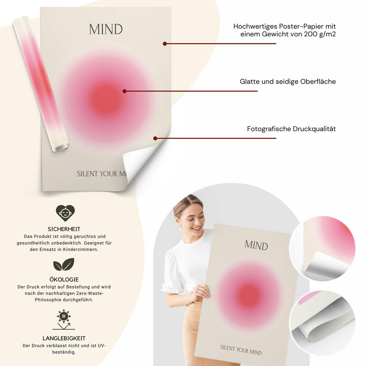 POSTER SET Aura Affirmationen Zitate Geist Seele Körper 3x Poster A3 30x42cm - Rot/Rosa, Papier (30/42/42cm) - Muralo