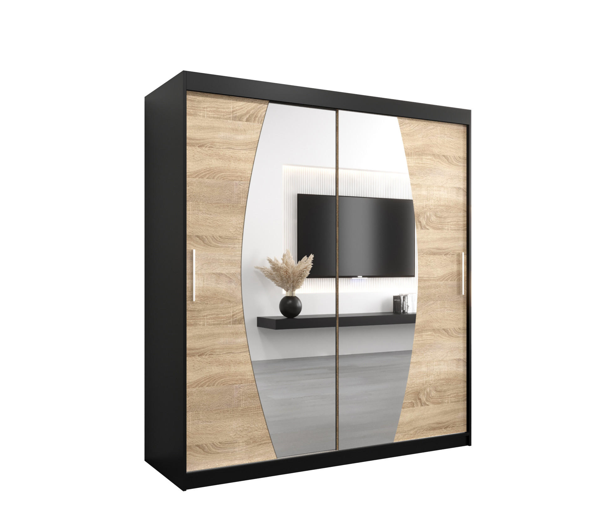 Abiks Möbel SCHWEBETÜRENSCHRANK Schwarz, Sonoma Eiche 180cm × 62cm × 200cm
