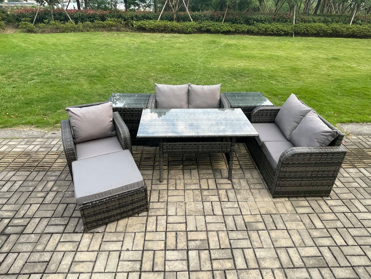 Gartenmöbelset mit Esstisch,Hockern,Beistelltisch Polyrattan Dunkelgrau 6-Sitzer - Dunkelgrau/Grau, Glas/Kunststoff - Fimous