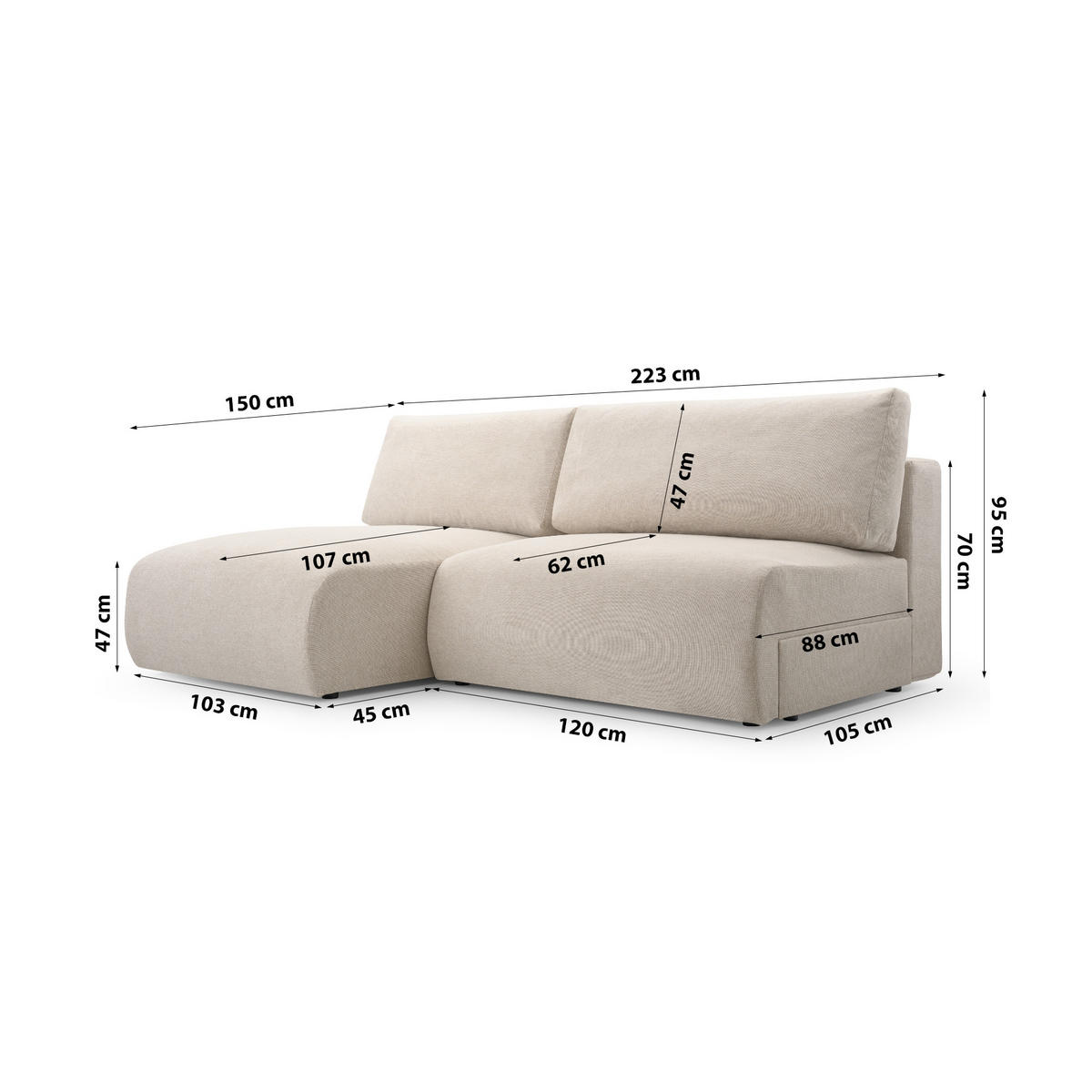 ECKSOFA mit Schlaffunktion Greste, Creme - Creme, Textil (150/223cm) - Meblito