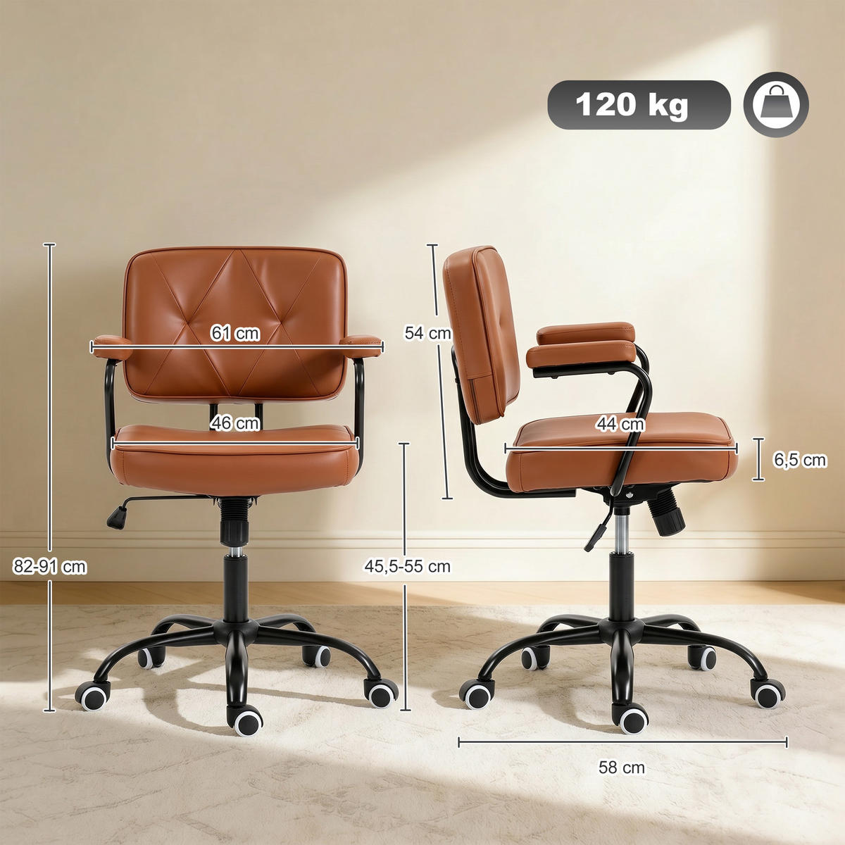 BÜROSTUHL mit Rollen, Drehstuhl, Braun - Braun, Metall (58/91/61cm) - Vinsetto