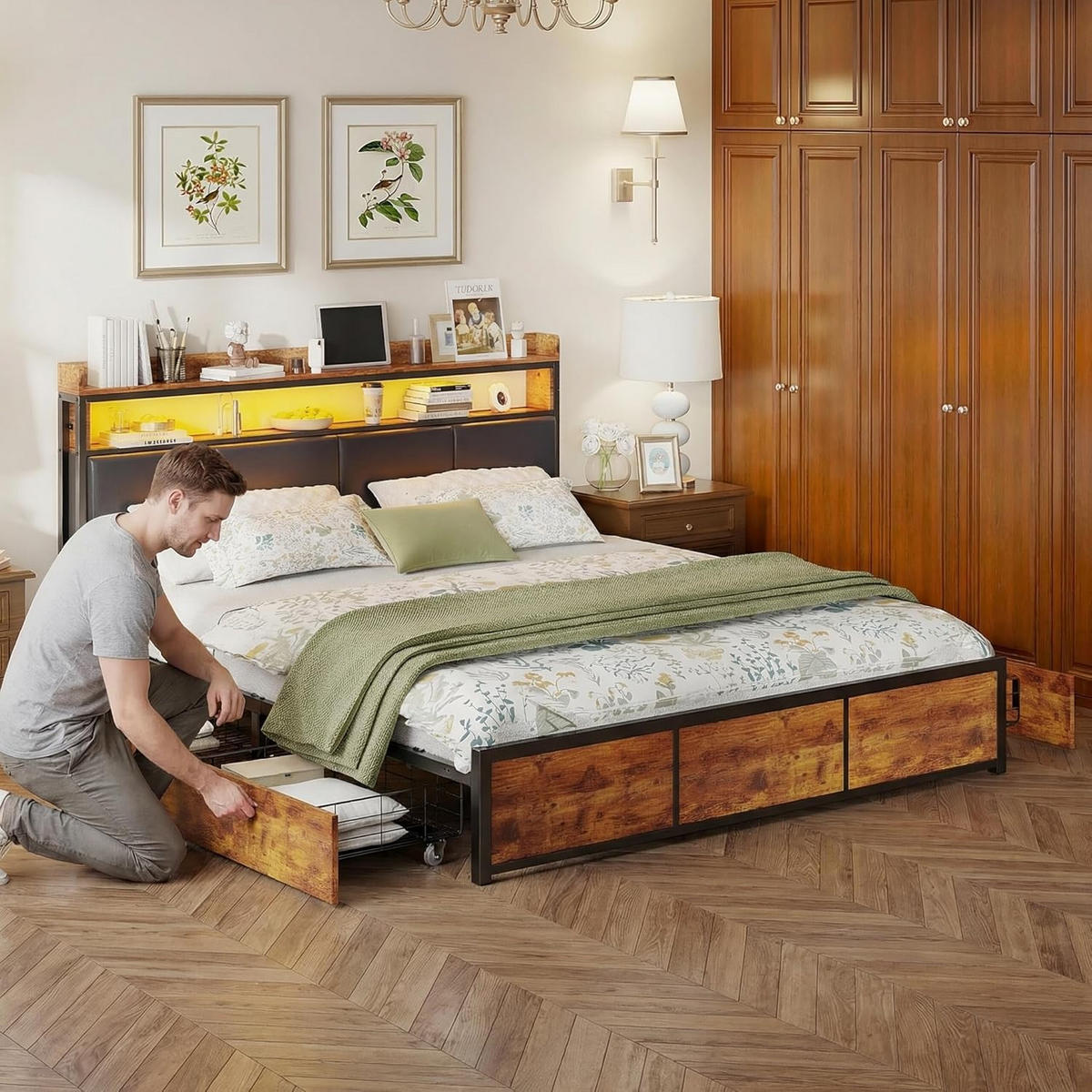 POLSTERBETT,STAURAUMBETT 140/200 cm mit LED-Beleuchtung, Schubladen und Lattenrost - Schwarz/Naturfarben, Holz/Textil (140/200cm) - FURNISHINGS HOME