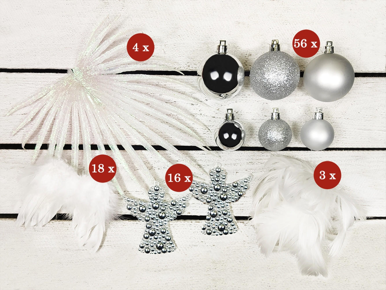 LAALU CHRISTBAUMKUGEL-SET 97 Stück in Luxusbox ANGEL WINGS für Weihnachtsbäume 120-210 cm - Silberfarben/Weiß, Kunststoff/Metall (55/50/75cm) - LAALU