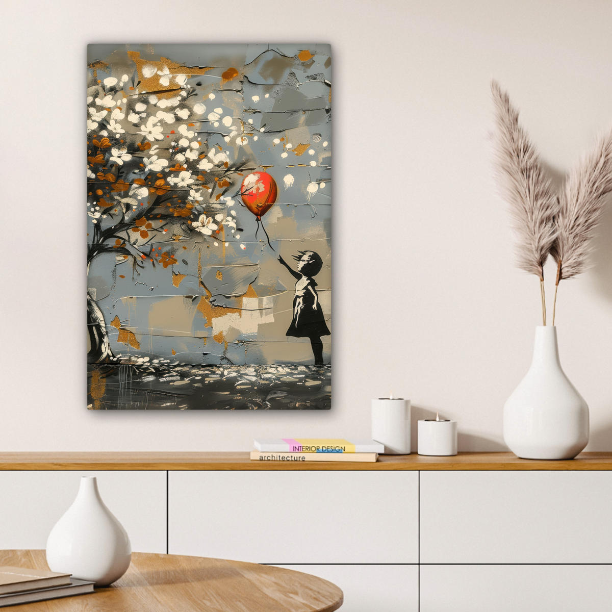 LEINWANDBILD Baum - Graffiti - Banksy-Stil - Ballon-Mädchen Wanddeko Schlafzimmer 60x90 cm - Blaugrau, Textil (60/90cm) - MuchoWow