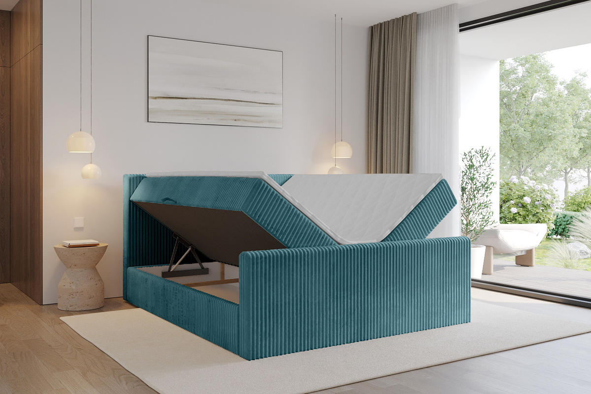BOXBETT mit Matratze H4 und Lattenrost - TOLO-Z - 200x200 Cord - Blau - Blau, Holzwerkstoff (200/200cm) - ALTDECOR