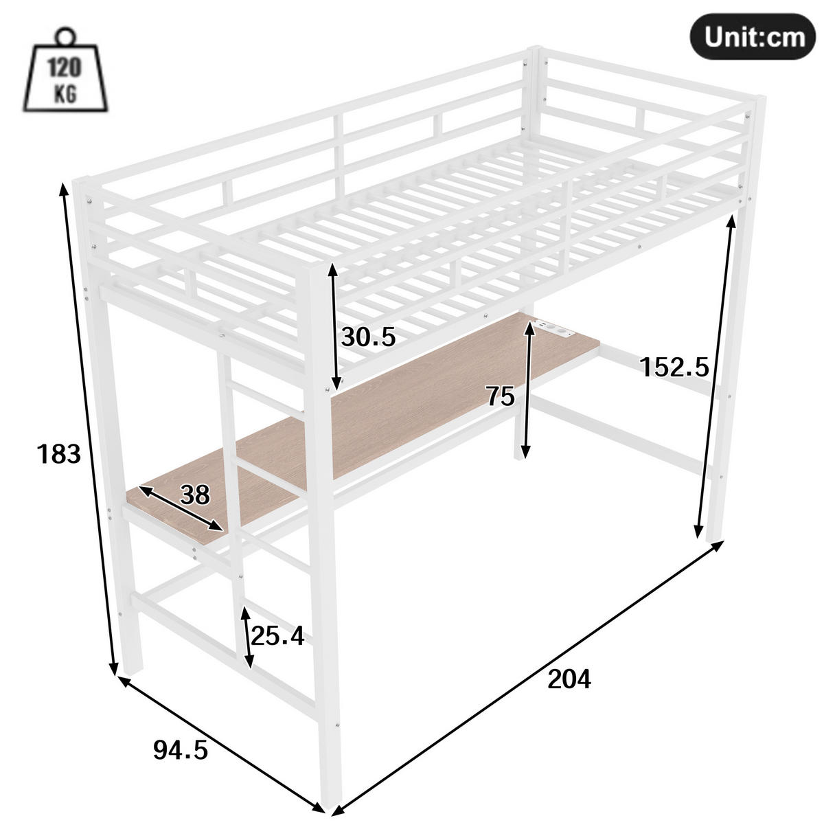 HOCHBETT 90/200 cm mit Geländer Tisch und USB-Anschlüssen mit Matratze - Weiß, Metall (90/200cm) - OKWISH