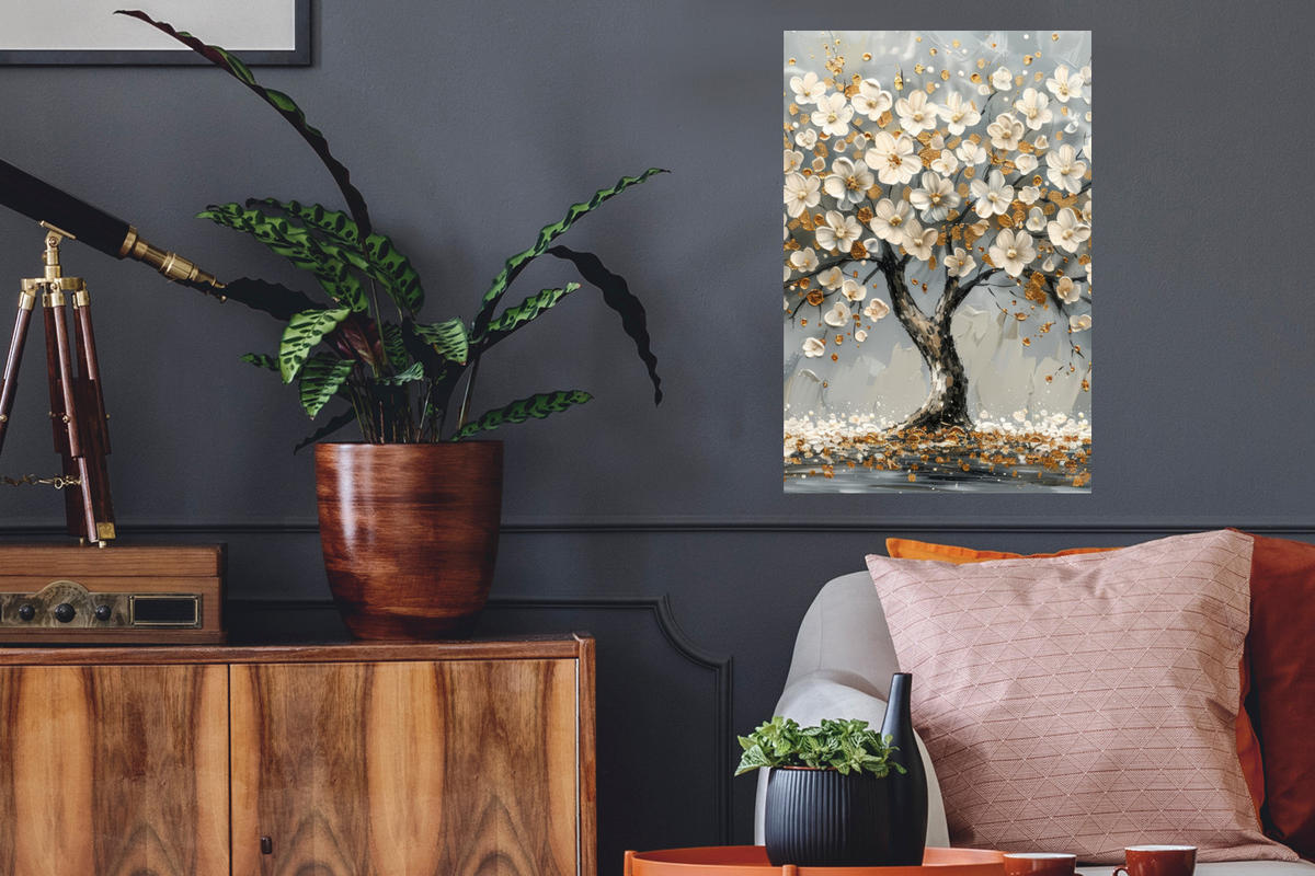 WANDTATTOO Baum - Blumen - Weiß - Natur - Kunst 40x60 cm - Weiß, Kunststoff (40/60/0.1cm) - MuchoWow