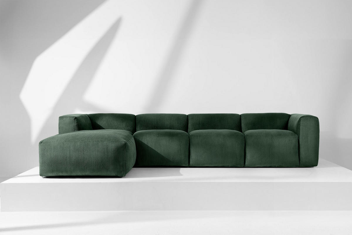ECKMODULSOFA-LINKS BUFFO 6-Sitzer mit extrem weicher Sitzfläche, Kordstoff, dunkelgrün - Dunkelgrün, Textil (377/180cm) - KONSIMO®