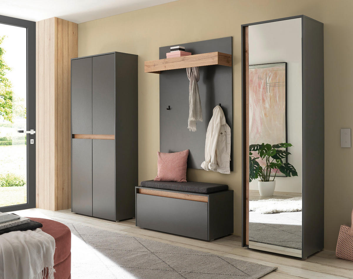 GARDEROBEN-SET grau matt, Eiche Wotan 5-teilig 265 cm, Schuhschränke mit viel Stauraum - Eiche Wotan/Schwarz, Glas/Holzwerkstoff (265/200/40cm) - Furn.Design