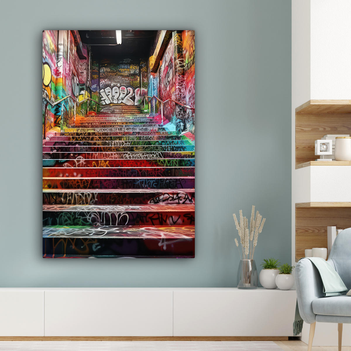 LEINWANDBILD Treppe - Graffiti - Farben - Kunst Deko XXL 80x120 cm - Multicolor, Textil (80/120cm) - MuchoWow