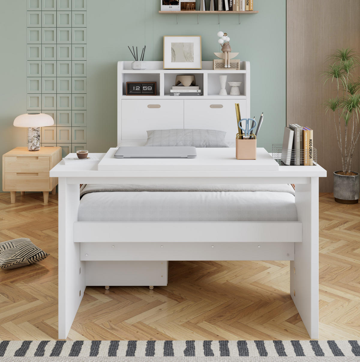 JUGENDBETT 90x200 cm in Weiß mit Schublade und klappbarem Tisch - Weiß, Holz (90/200cm) - IVMEU