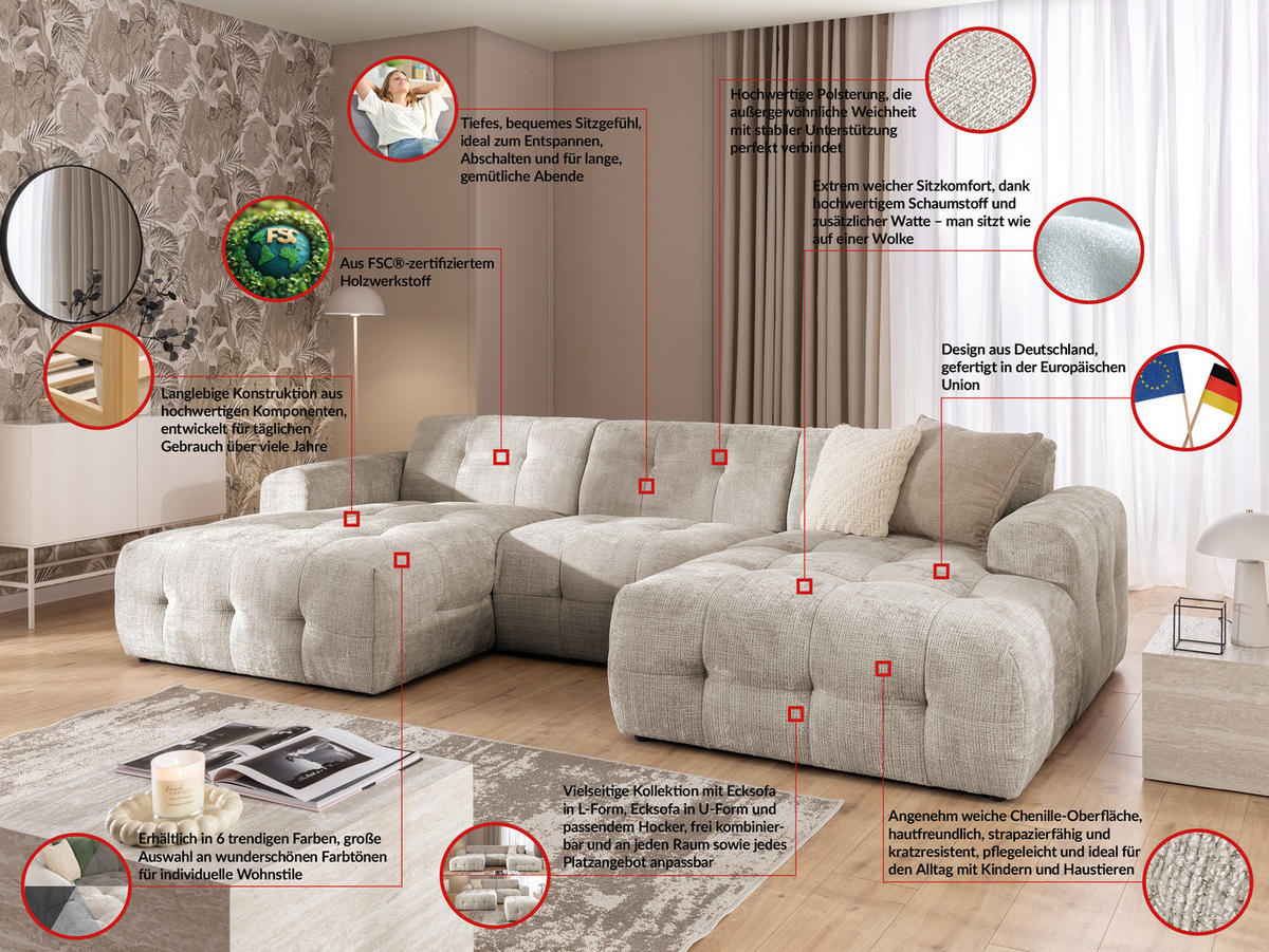 WOHNLANDSCHAFT inkl. Hocker Kozy im Bumpy-Design mit Schlaffunktion und fester Rückenlehne aus weichem Dunkelbeige Chenille-Stoff - Beige/Schwarz, Holz/Kunststoff (323/79/161cm) - S-Style Möbel