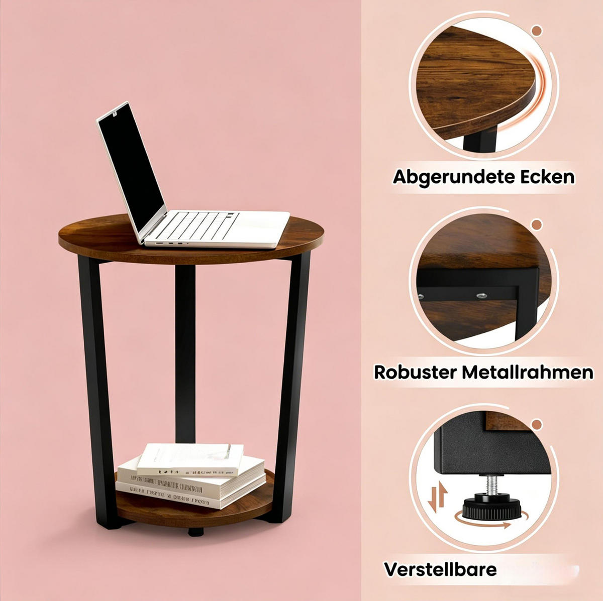BESTELLTISCH aus Holz und Metall Ø50x53 cm in Rustik Braun mit 2 Regalen - Braun, Holzwerkstoff (50/50/53cm) - Modfu