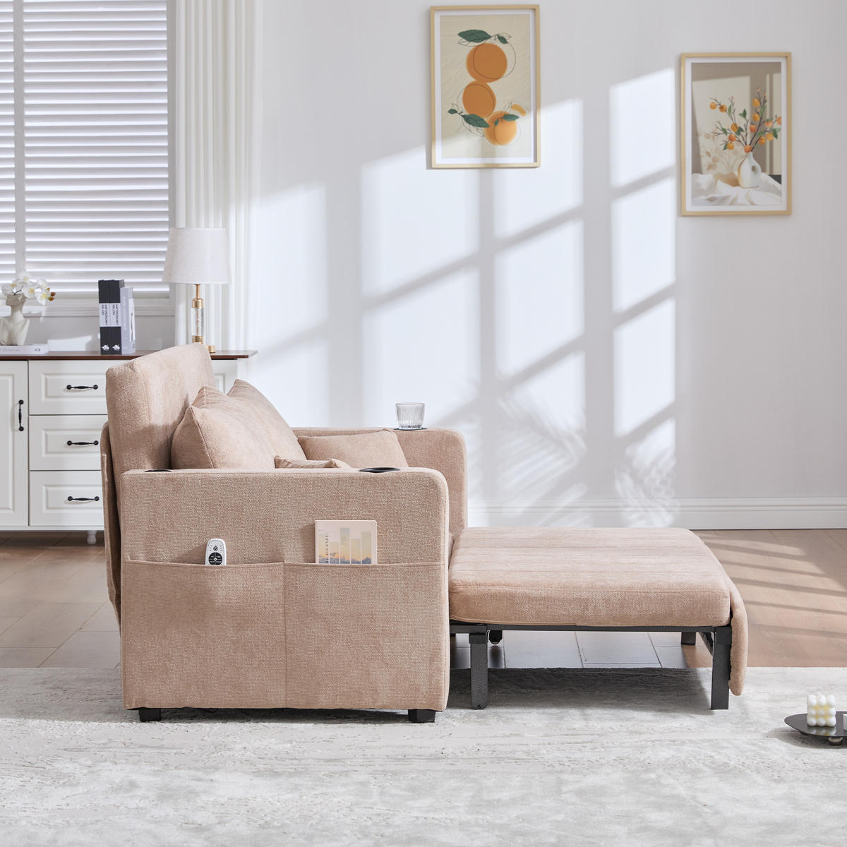 SOFA Klappbar mit USB-Ladefunktion und Becherhalter Chenille Khaki 139/83/58 cm - Naturfarben, Textil (139/83/73cm) - OKWISH