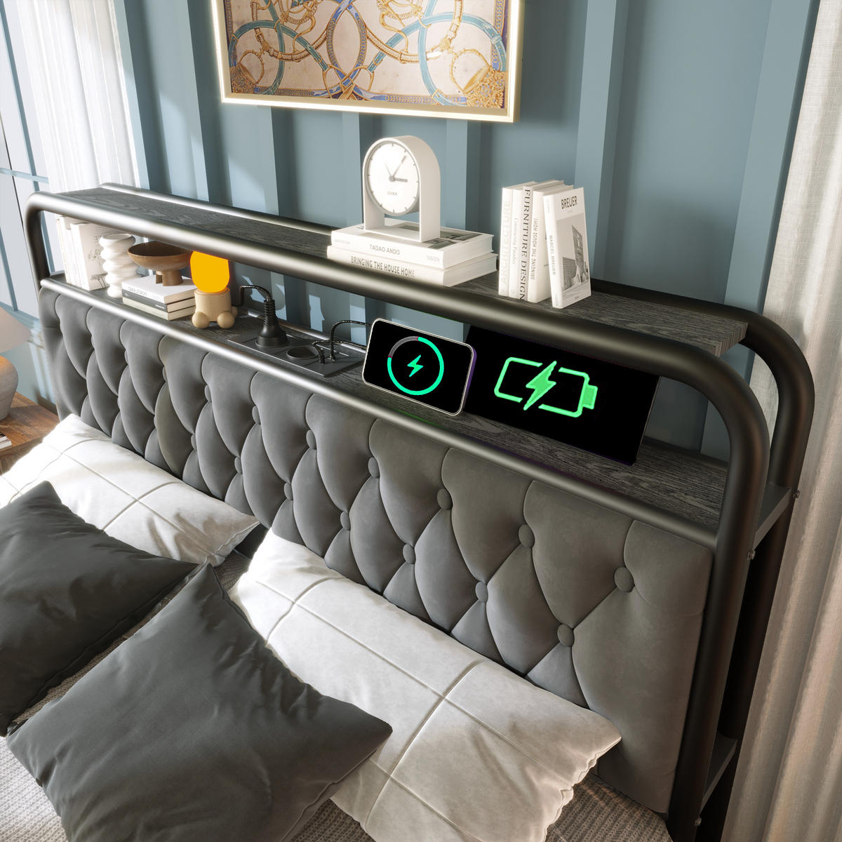 POLSTERBETT 140/200 cm Grau mit USB-Anschlüssen und LED-Beleuchtung - Grau, Textil (140/200cm) - OKWISH