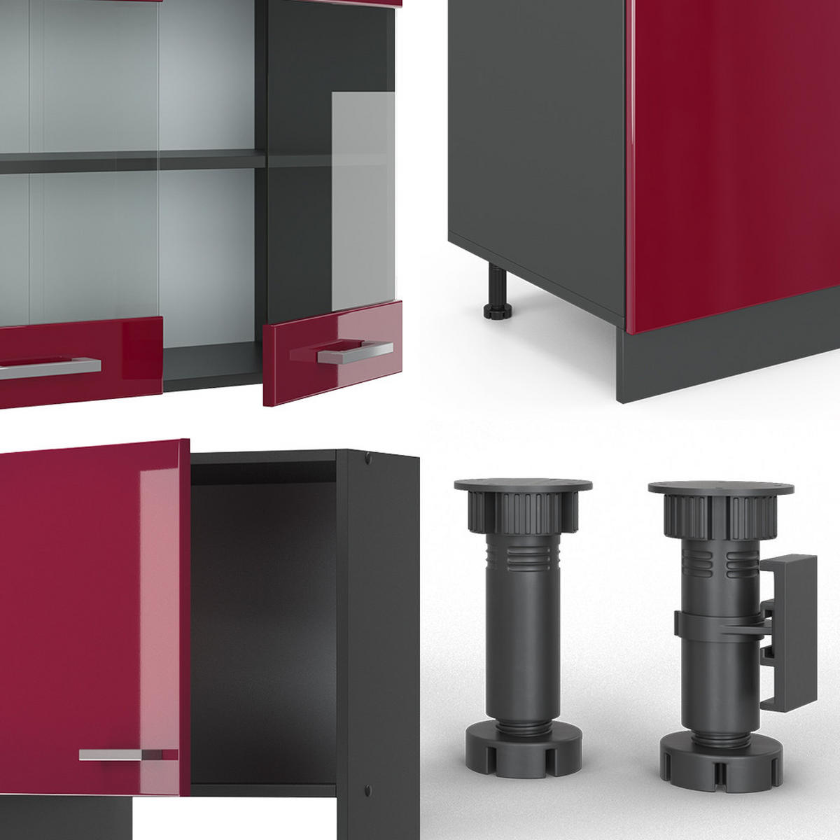KÜCHENZEILE R-Line Rot Hochglanz/Anthrazit 300 cm mit Hochschrank, AP Eiche - Anthrazit/Rot, Holzwerkstoff (300/81.6/60cm) - Vicco