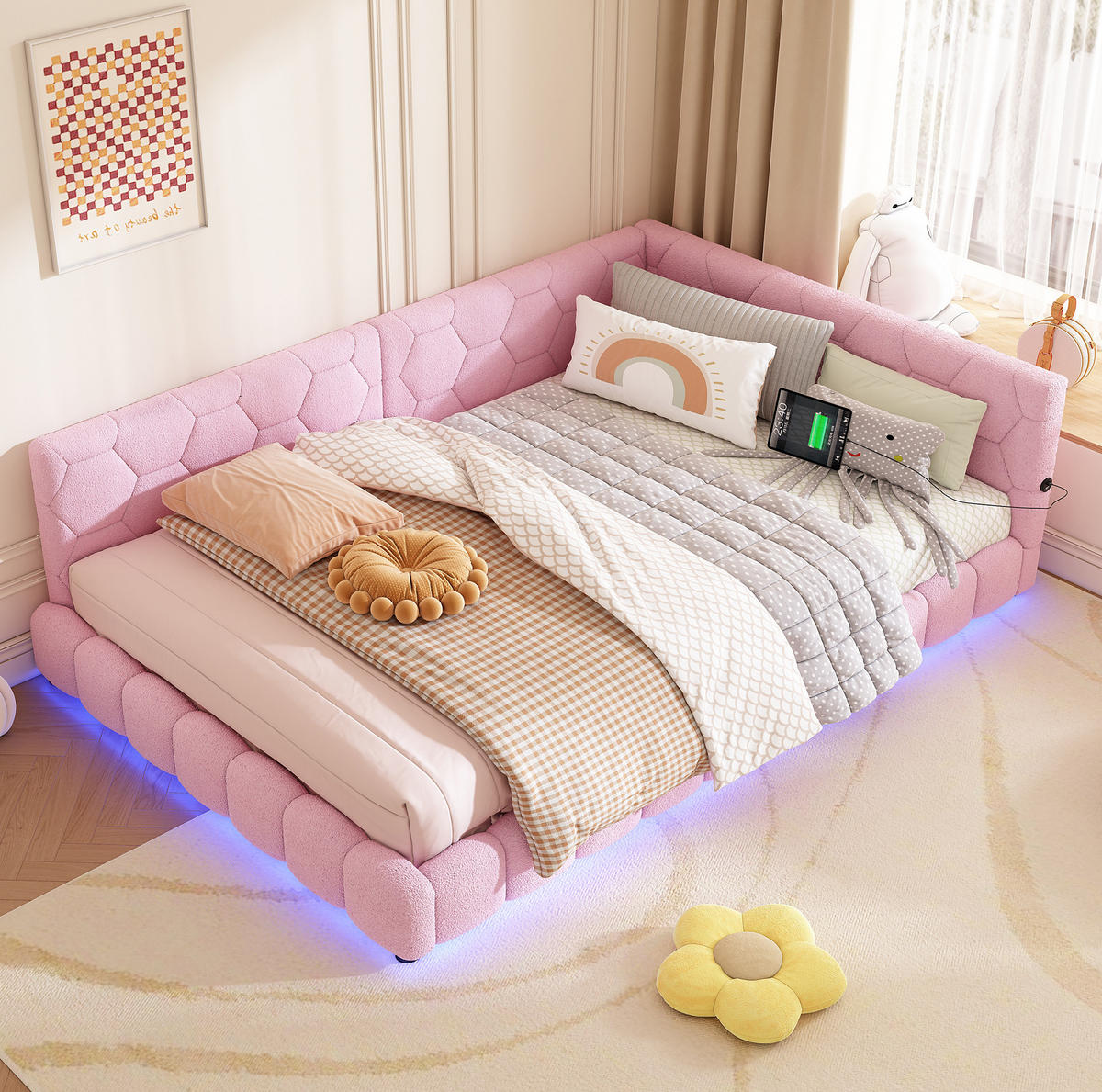 POLSTERBETT aus Vliesimitat 140x200 cm in Rosa mit LED & USB-/Type-C-Anschluss - Rosa, Textil (140/200cm) - Modfu