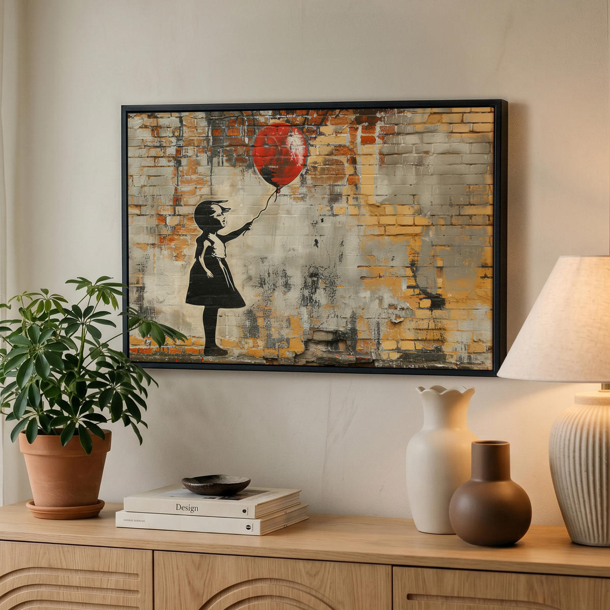 LEINWAND Bilder mit Rahmen - Graffiti - Banksy - Mädchen - Straßenkunst - 60x40 - Sandfarben, Textil (60/40cm) - MuchoWow
