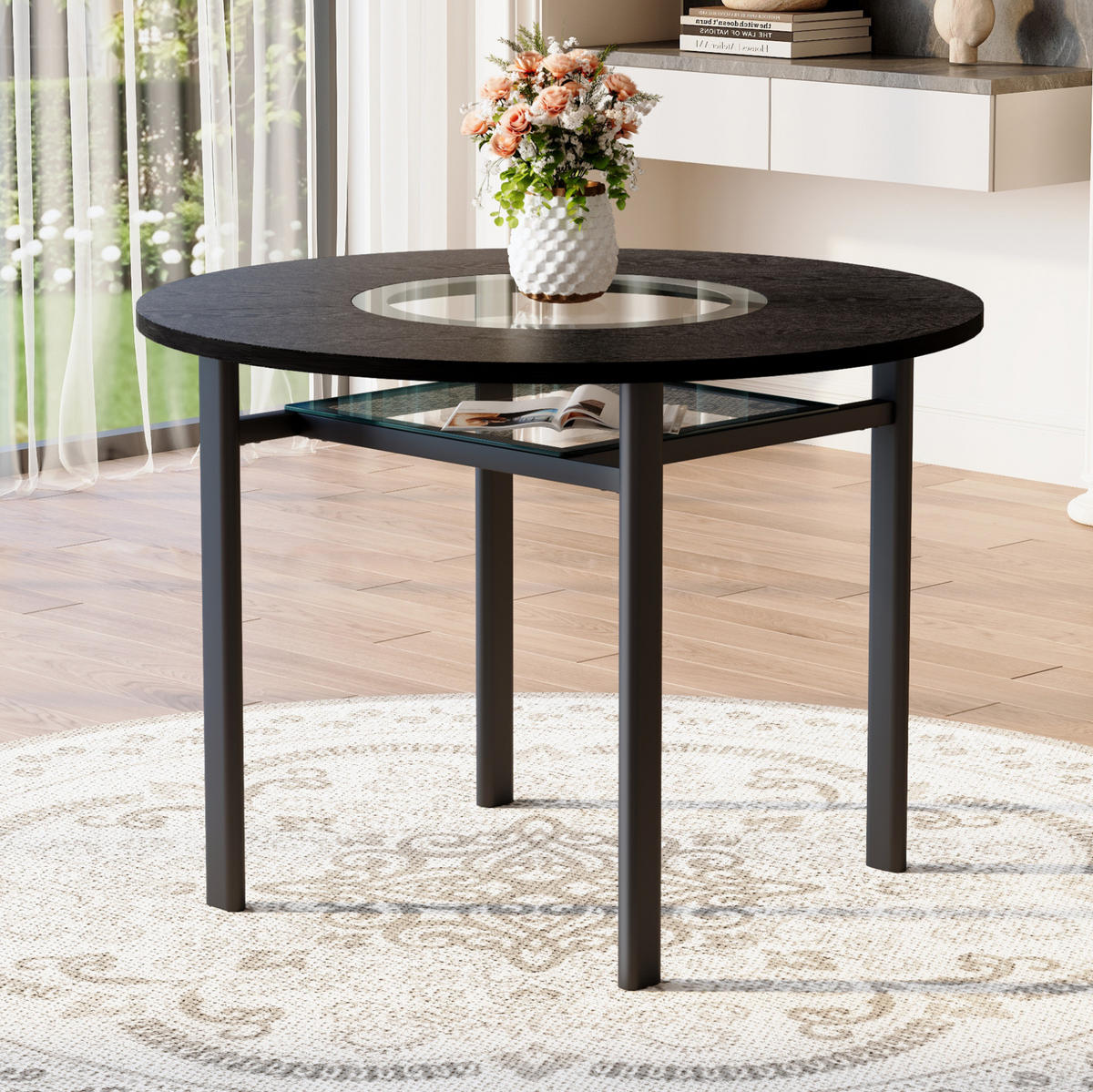 ESSTISCH aus MDF, Glas und Metall 100x100x76 cm Schwarz mit Glasablage und grauer Glaseinlage - Schwarz, Holzwerkstoff (100/100/76cm) - Modfu