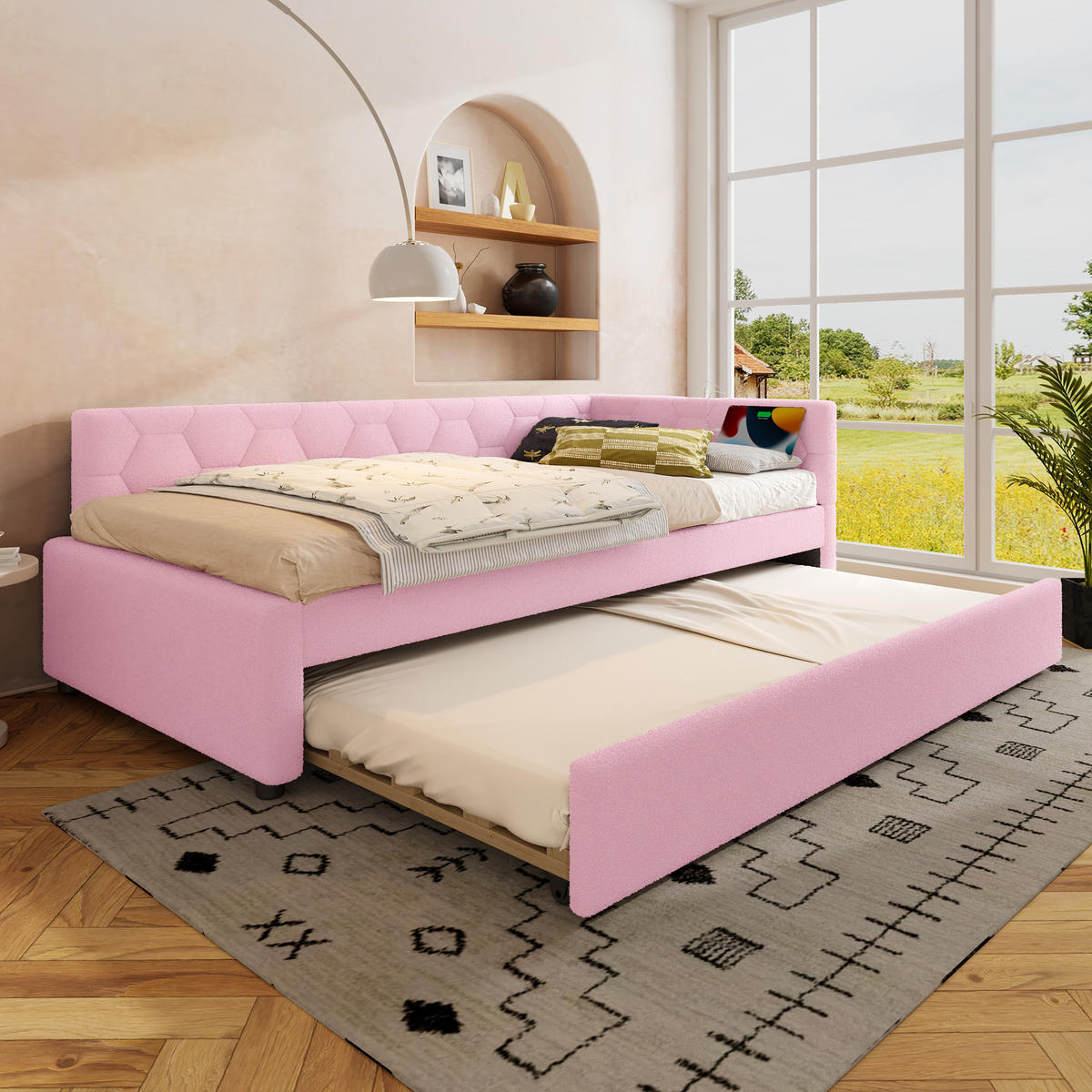 POLSTERBETT 90x200cm mit Nachttischlampe und multifunktionalem Ausziehbett- Rosa - Pink, Holz/Textil (90/200cm) - KOMHTOM