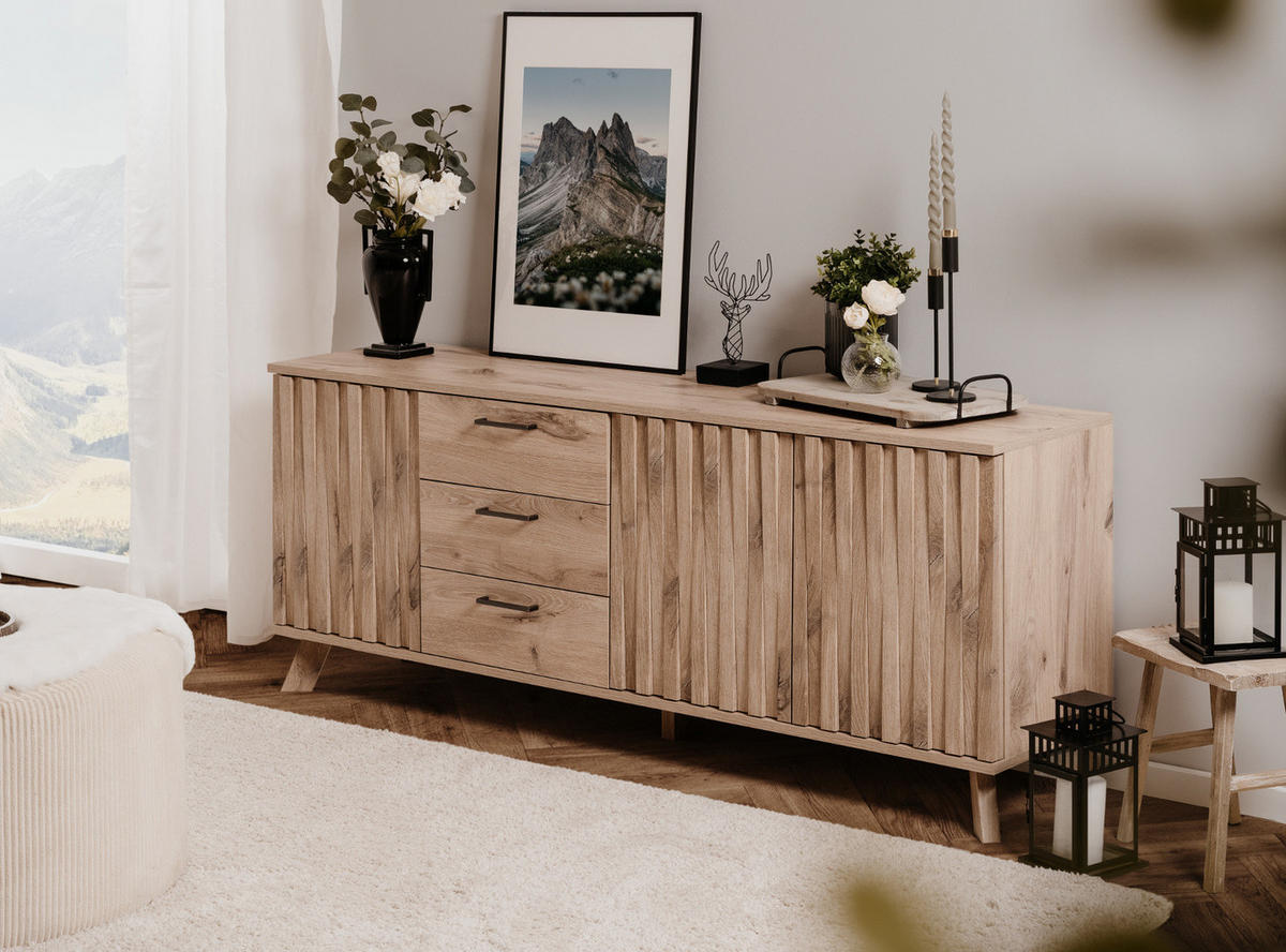 SIDEBOARD Eiche 175 cm, Kommode mit Push-to-Open und 3D Relief - Eichefarben/Messingfarben, Holzwerkstoff/Metall (175/68/40cm) - Furn.Design