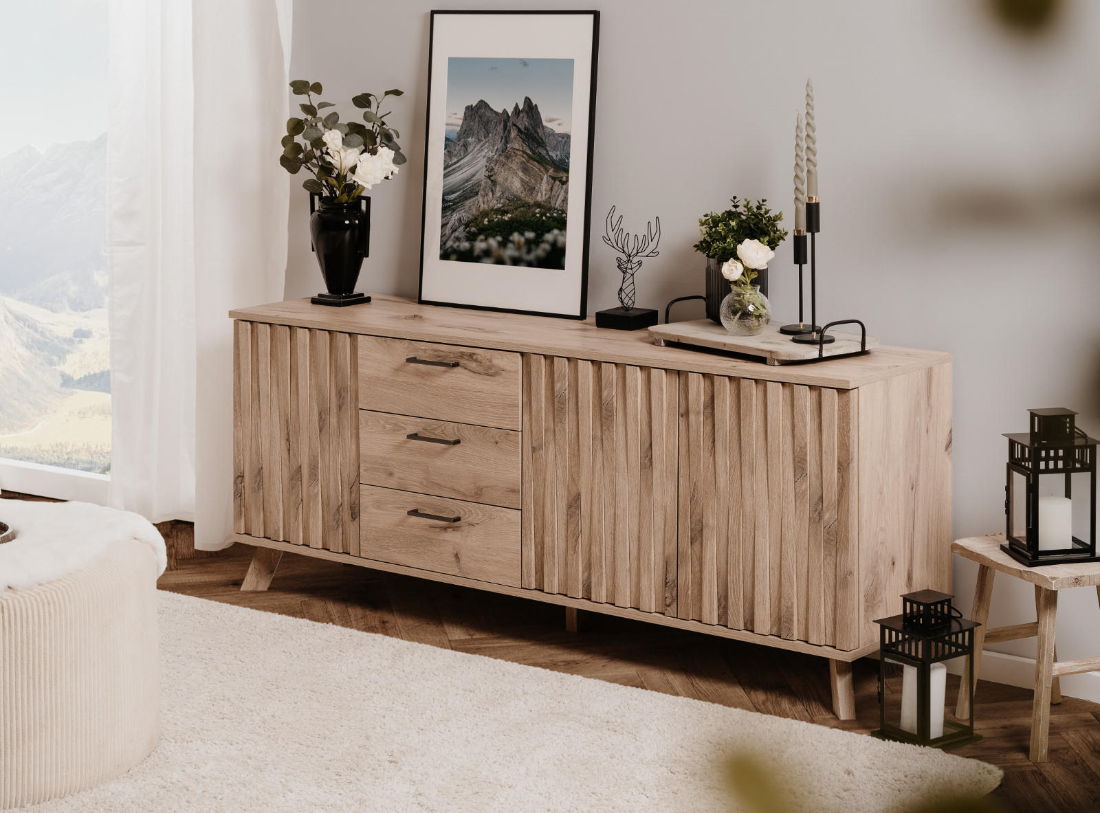 Thumbnail - Furn.Design Sideboard, Eiche, Metall, Nachbildung,Eiche, Uni, Holz Optik, 2 Fächer, 3 Schubladen, Rechteckig, eckig, 175...
