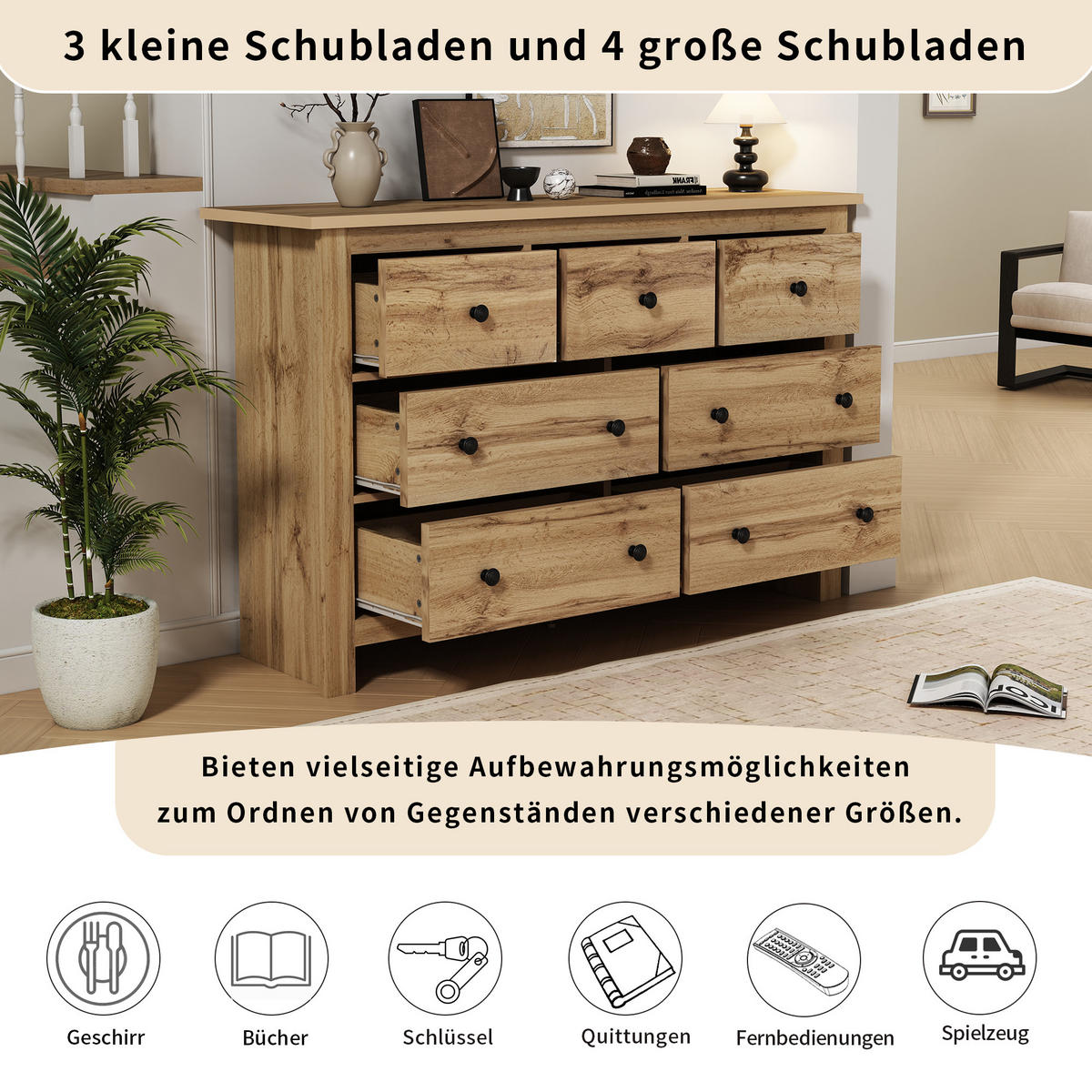 SIDEBOARD Holz 7 Schubladen Modern Stauraum Minimalistisch - Naturfarben, Holzwerkstoff (40/89/152cm) - FLIEKS