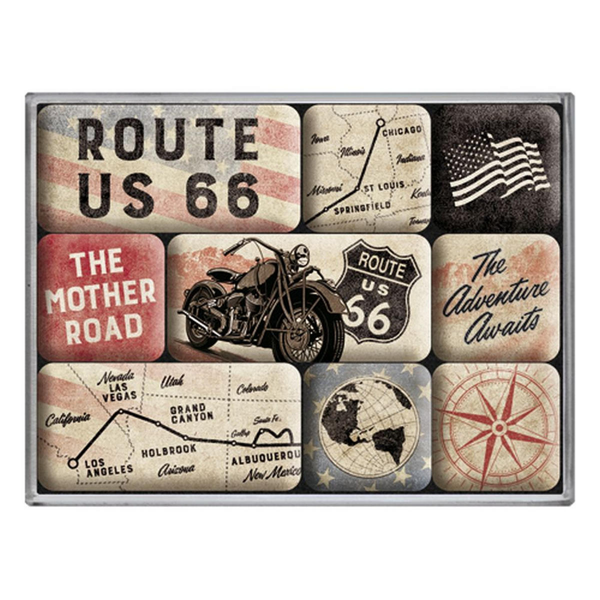 MAGNETSET 9-teilig US Highways Route 66 Bike Map - Multicolor, Metall (9/7/2cm) - Nostalgic-Art
