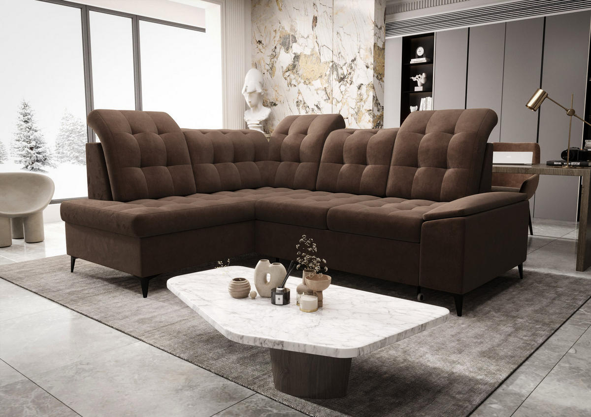 ECKSOFA KONGO RBN16, Eckcouch in L-Form mit Schlaffunktion, Farbe: Dunkelbraun, Velourstoff, Ottomane Links - Dunkelbraun, Textil (268/210cm) - O-Sofa