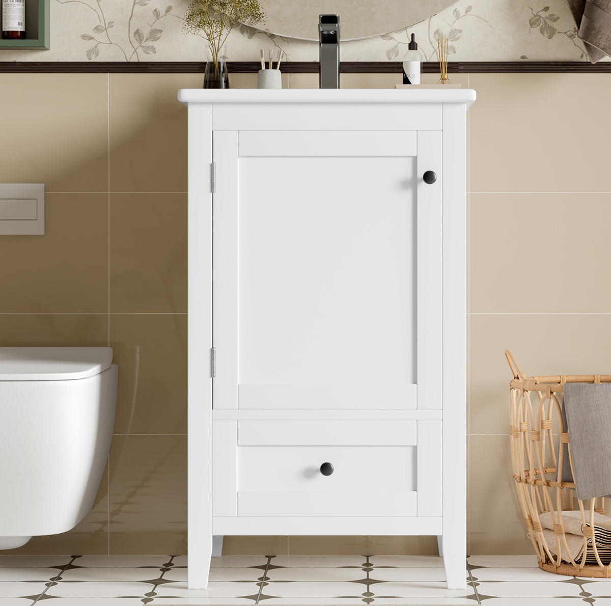 WASCHTISCHKOMBI 51/46/85 cm Weiß aus Keramik und MDF mit verstellbarem Regal - Weiß, Holzwerkstoff (51/85/46cm) - OKMYHOME