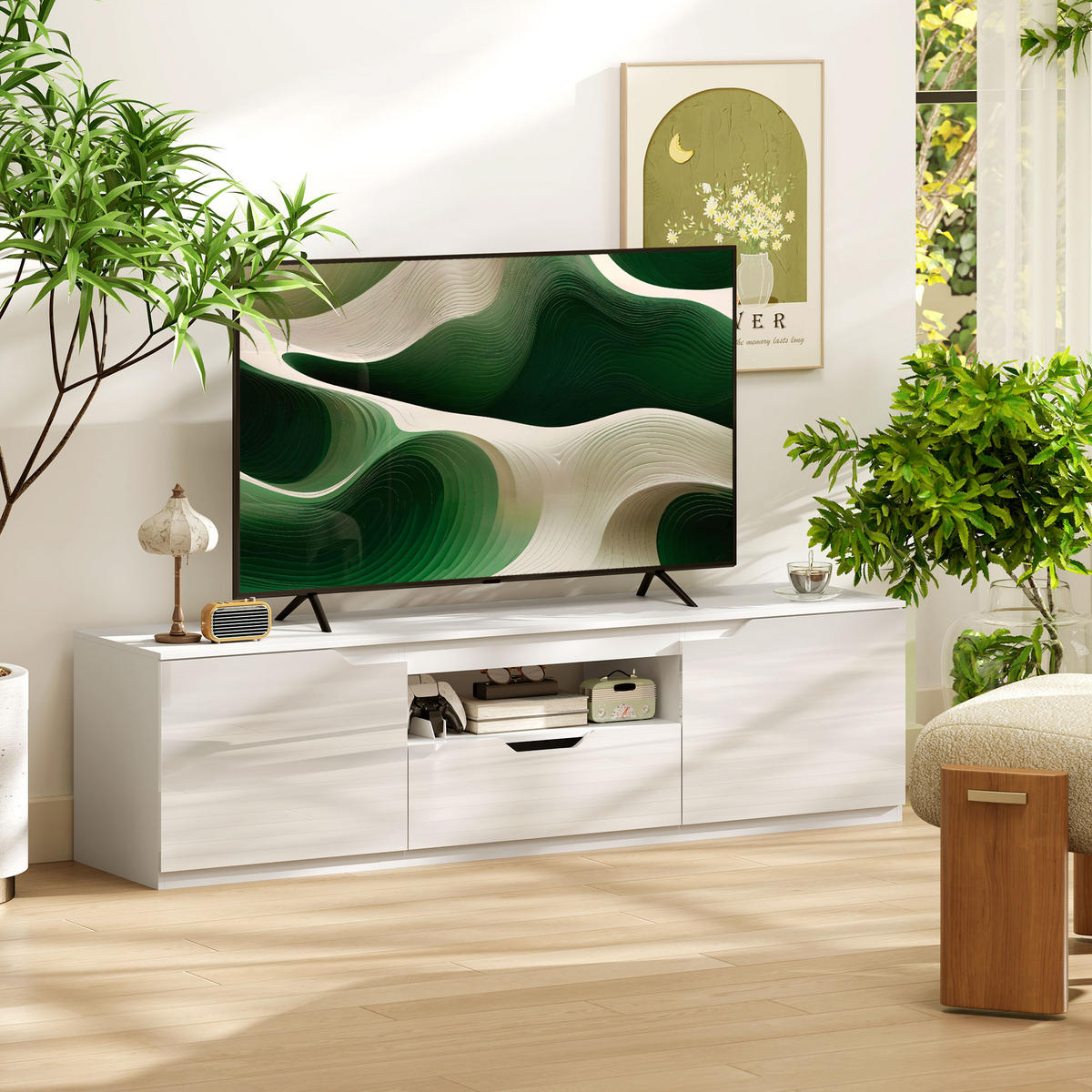 HOCHGLANZ TV-Lowboard für Fernseher bis 65 Zoll, 3 Fächer, Schublade, Weiß - Weiß Hochglanz/Weiß, Holzwerkstoff (38/43/160cm) - HOMCOM