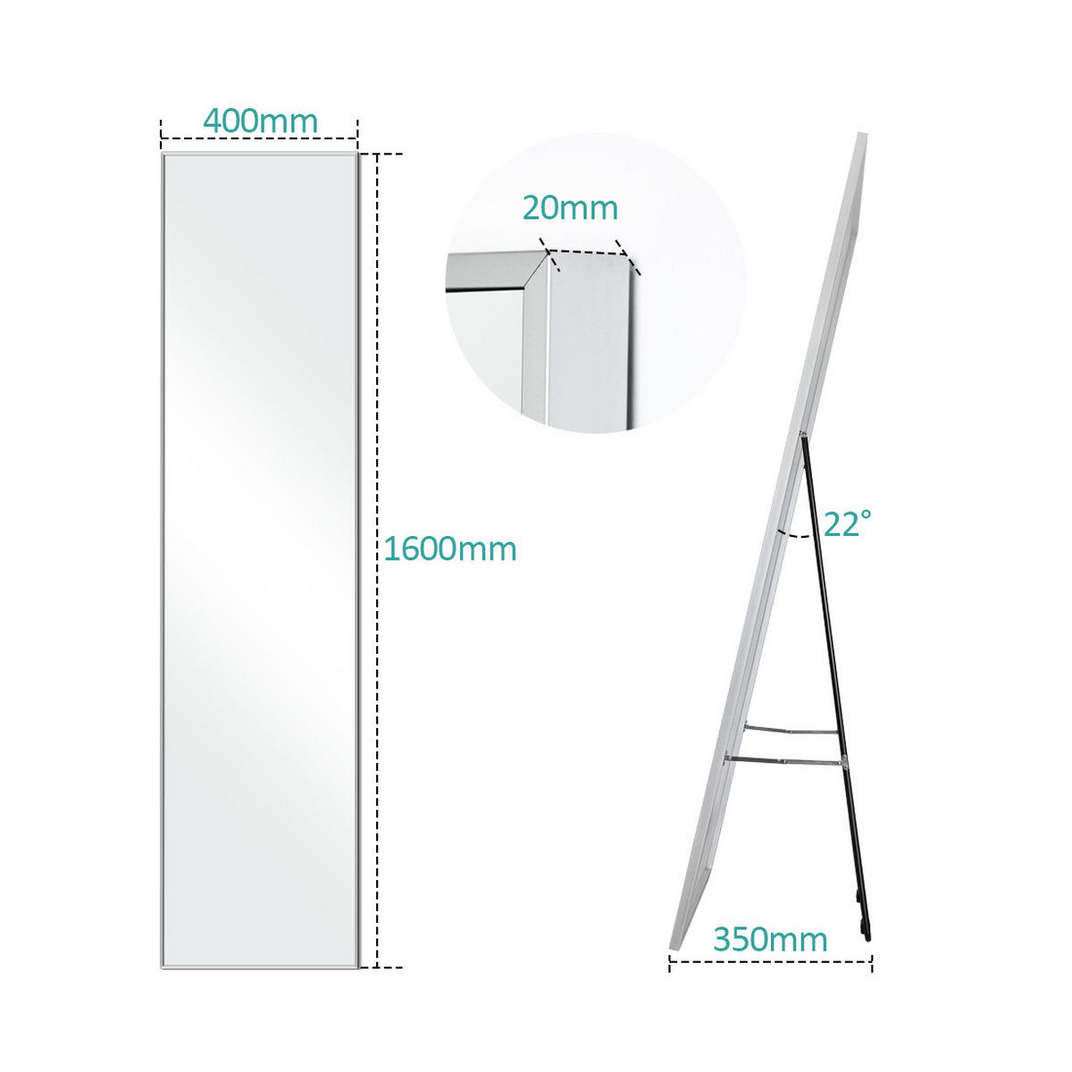 STANDSPIEGEL Wandmontage oder Freistehend Chromer Metallrahmen 160/40/2 cm - Silberfarben, Glas/Metall (40/160/160cm) - EMKE
