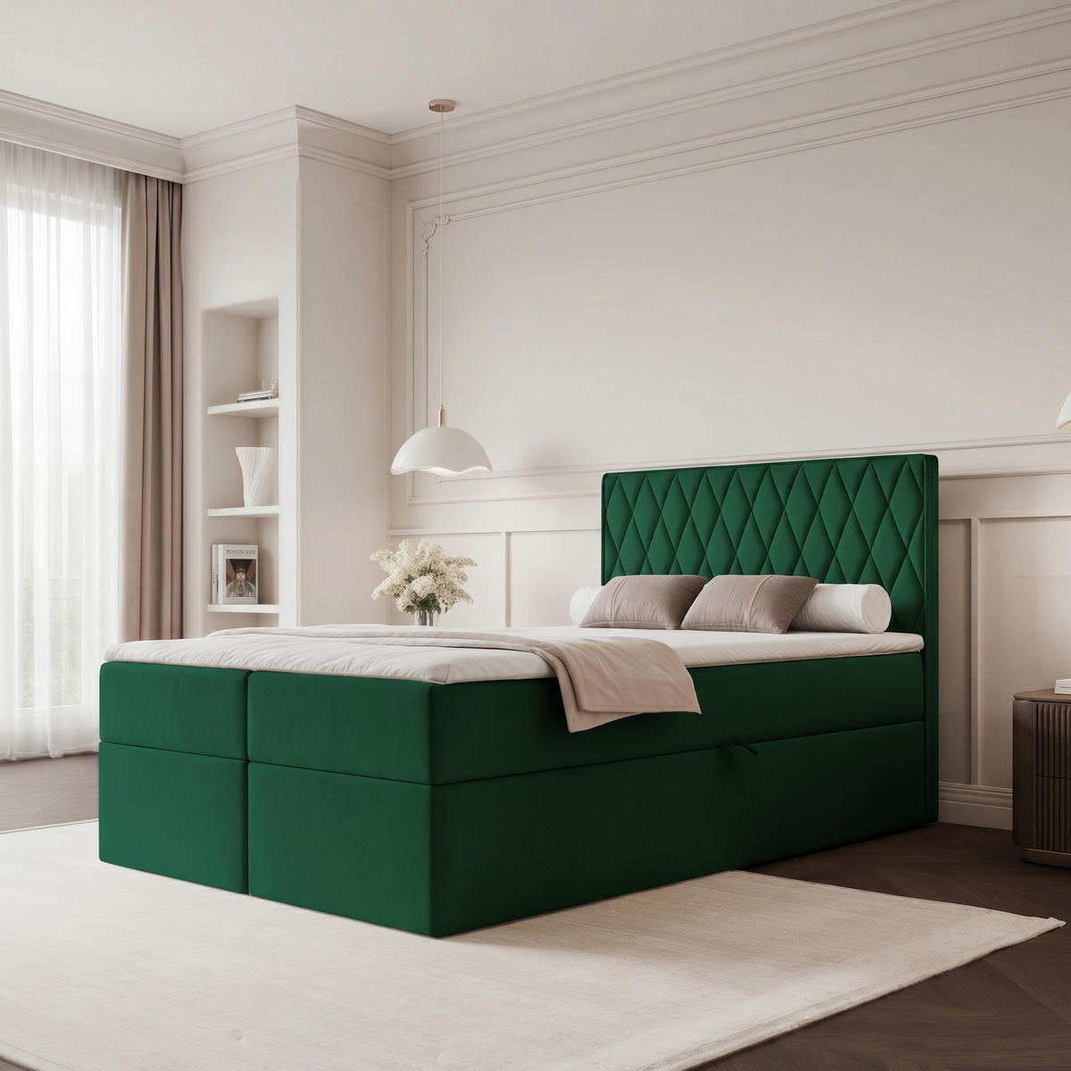 BOXBETT PONTI 120x200 cm Dunkelgrün (Samt) - mit 2 Bettkästen, Bonellmatratze und vertikaler Rautensteppung - Dunkelgrün, Holzwerkstoff/Textil (120/200cm) - Ravio