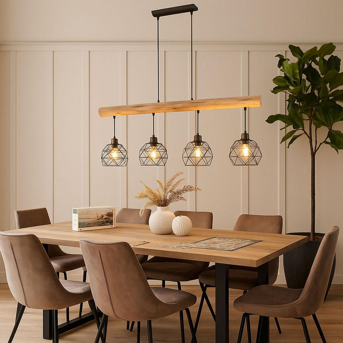 LED HÄNGELEUCHTE Holz Braun Gitter Design - Braun, Holz/Metall (85/18/120cm) - Globo Lighting