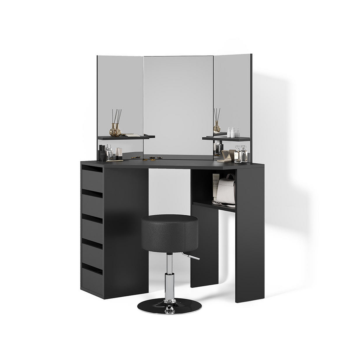 ECKSCHMINKTISCH Enna Schwarz 110 cm mit Hocker - Schwarz, Holzwerkstoff (110/141.5/54cm) - Livinity®