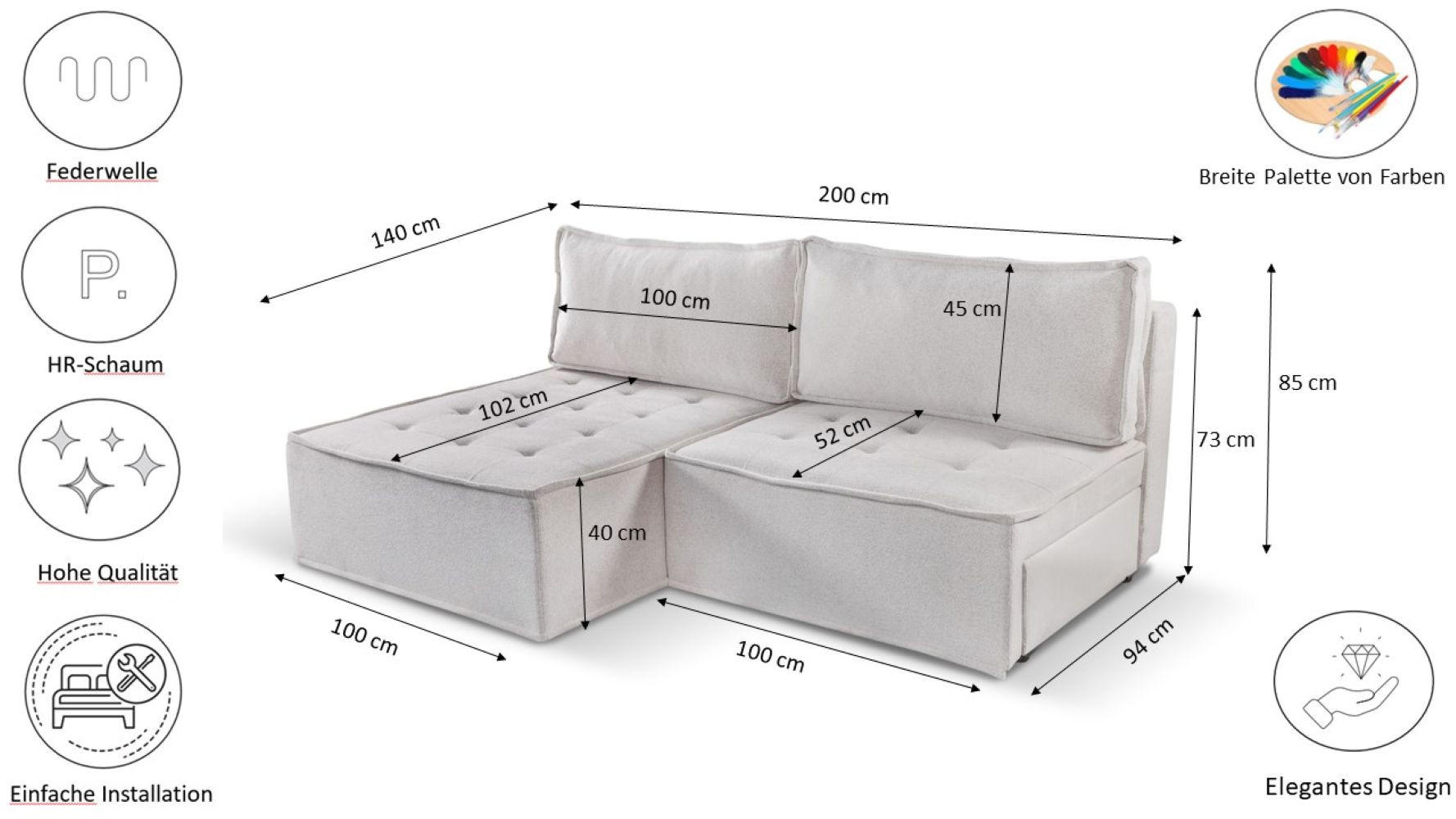ECKSOFA Bohoo Mini Modernes Mit Schlaffunktion Hellbeige Rechts - Ecru, Holz (200/140cm) - Kaiser Möbel