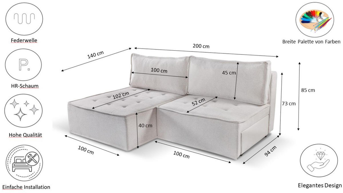 ECKSOFA Bohoo Mini Modernes Mit Schlaffunktion Hellbeige Links - Ecru, Holz (140/200cm) - Kaiser Möbel