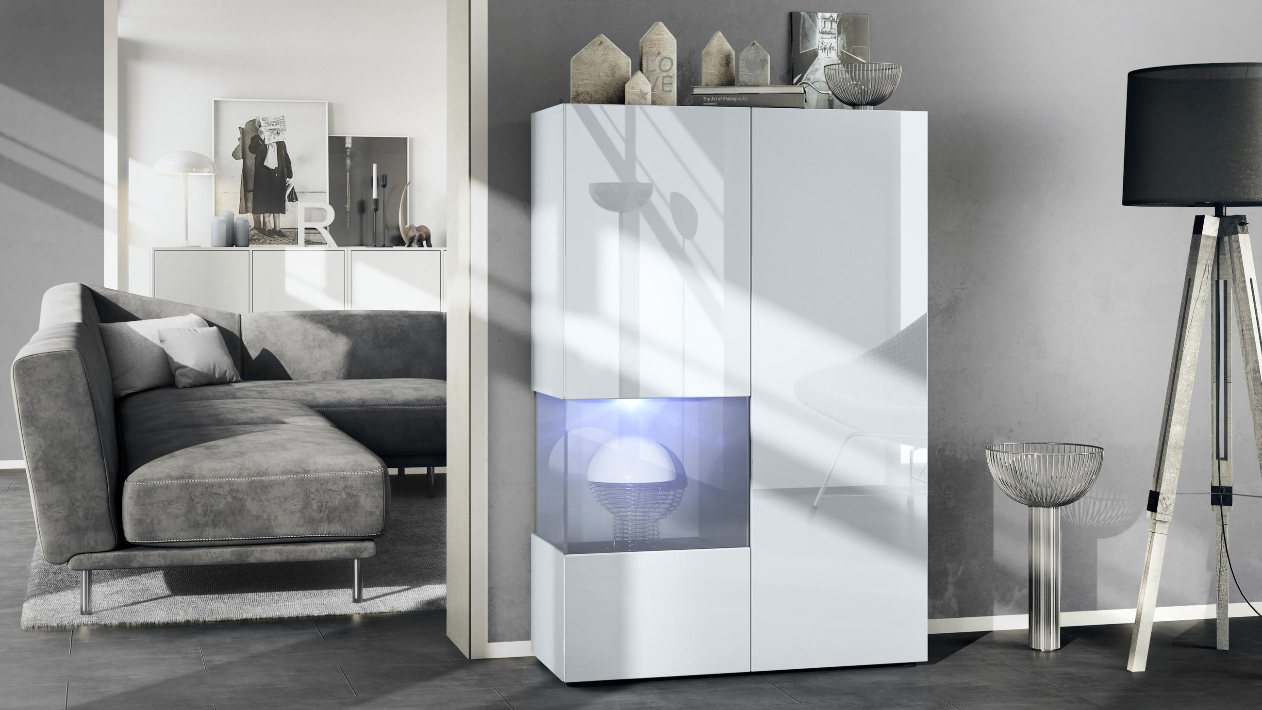VITRINE Morena Einsatz in Grau Hochglanz - Grau, Holzwerkstoff (91.5/136.5/37cm) - Vladon