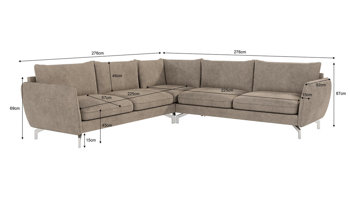 ECKSOFA Elou Dunkelbeige Microfaser - Chromfarben/Beige, Holz/Textil (276/276cm) - S-Style Möbel