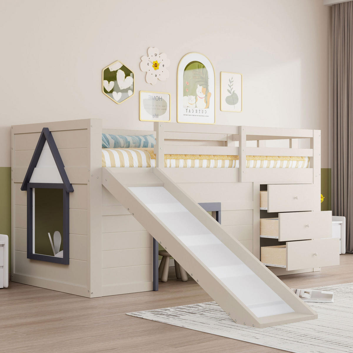 HOCHBETT 90/200 cm aus Kiefer und MDF mit Rutsche und 3 Schubladen Creme - Weiß, Holzwerkstoff (90/200cm) - Modenvie