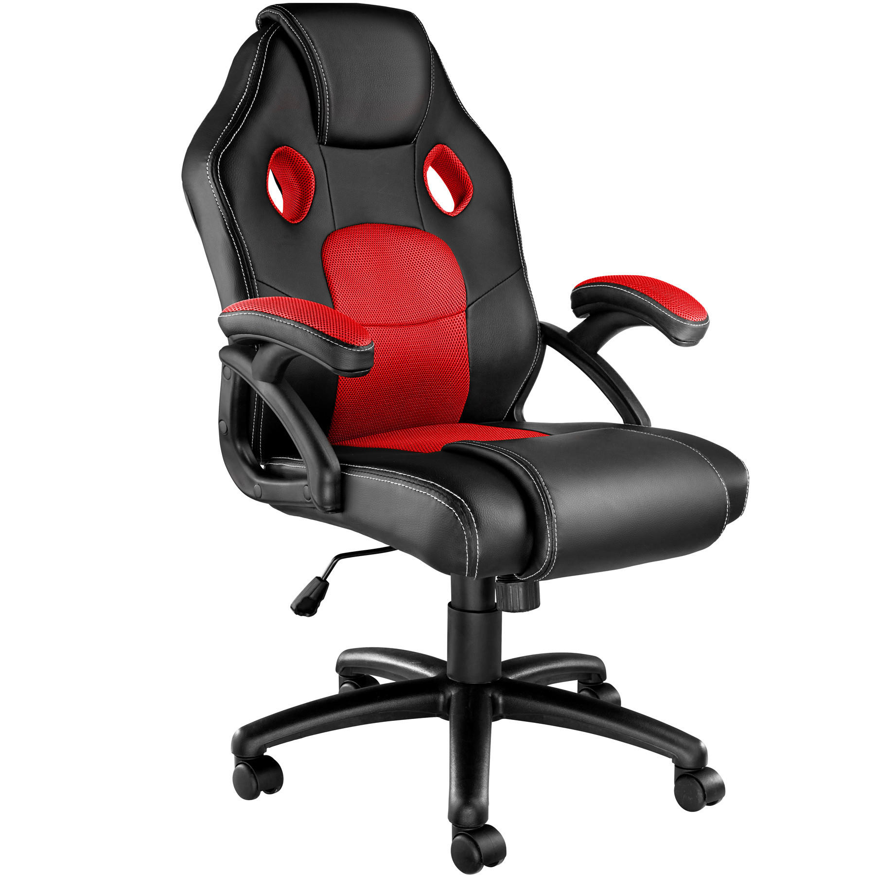 BÜROSTUHL Mike,stufenlos höhenverstellbar,schwarz/rot - Rot/Schwarz, Leder (68/114.5/69cm) - tectake