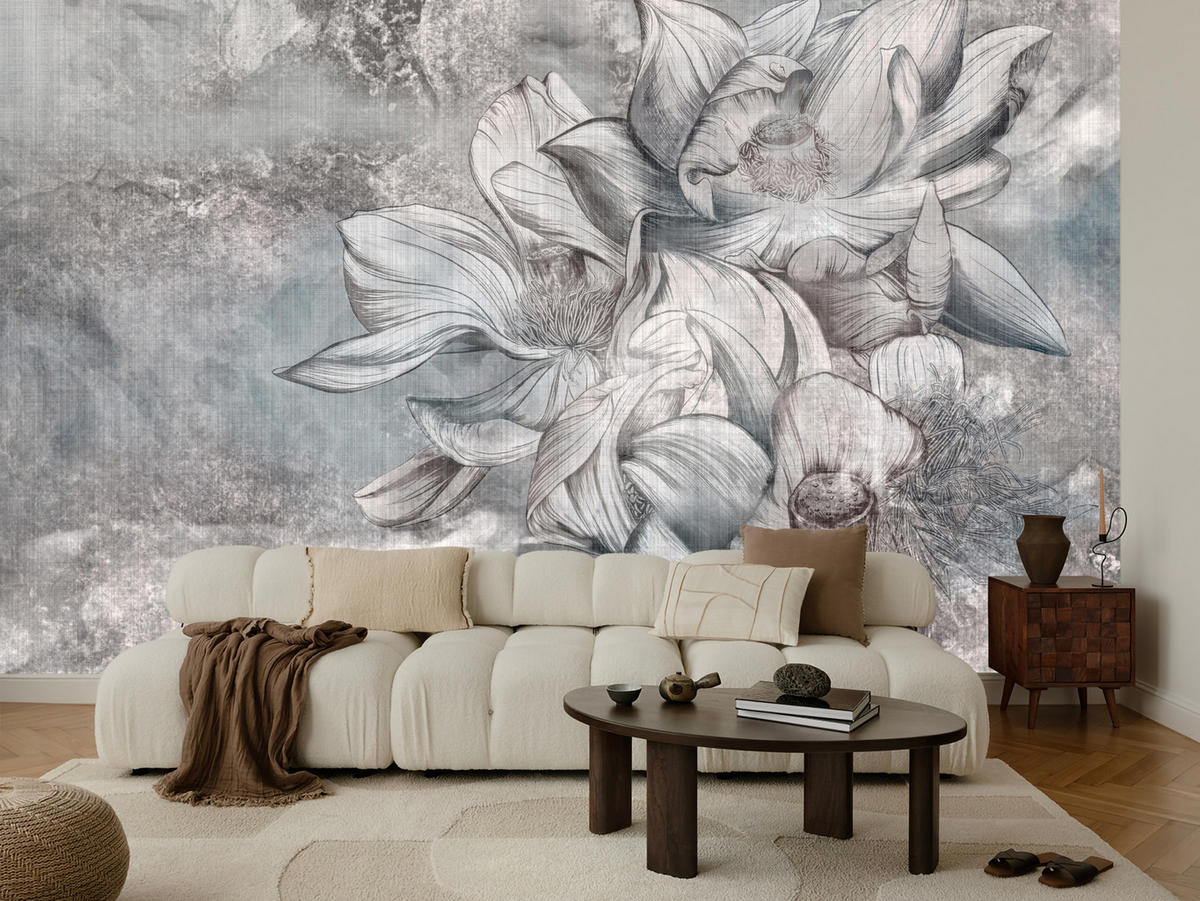 FOTOTAPETE für Wohnzimmer Wunderschöne Blume Betonwand Retro 250x175 - Grau, Papier (250/175cm) - Muralo