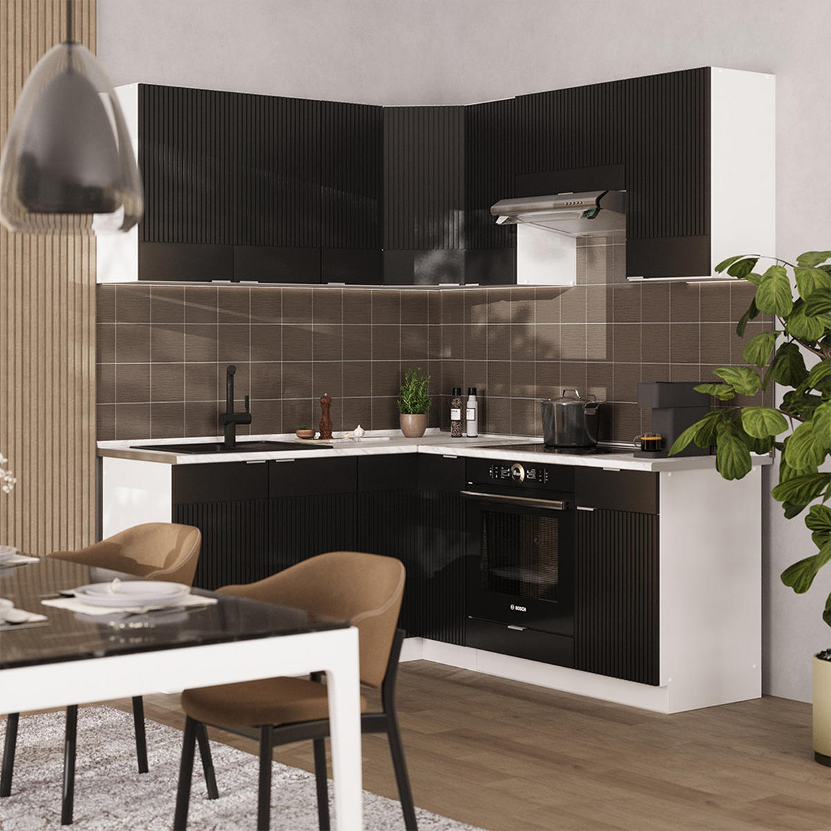 ECKKÜCHE Fame-Line, Schwarz gestreift/Weiß, 160 x 190 cm, AP Eiche - Schwarz/Weiß, Holzwerkstoff (190/81.6/60cm) - Vicco