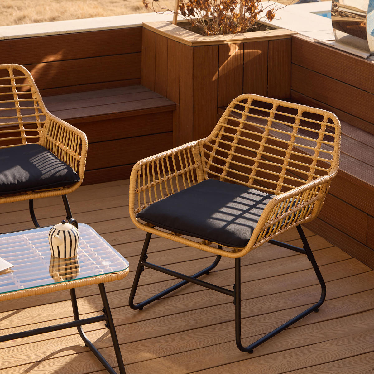 GARTENMOEBELSET Rattan - Schwarz - Dunkelgrau, Holz - Nordlys